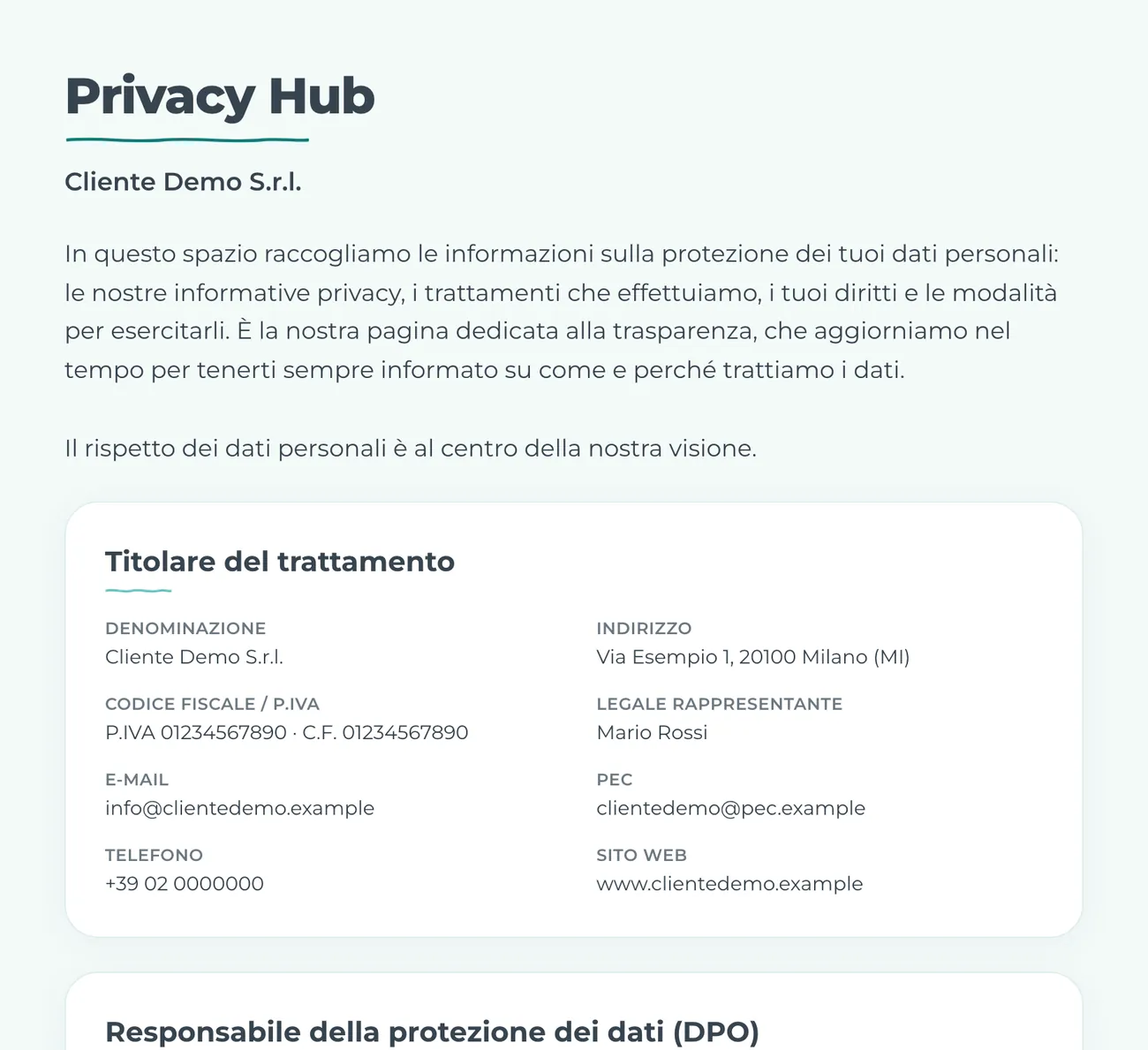 Il Privacy Hub pubblico dell’azienda, con titolare, DPO e informative