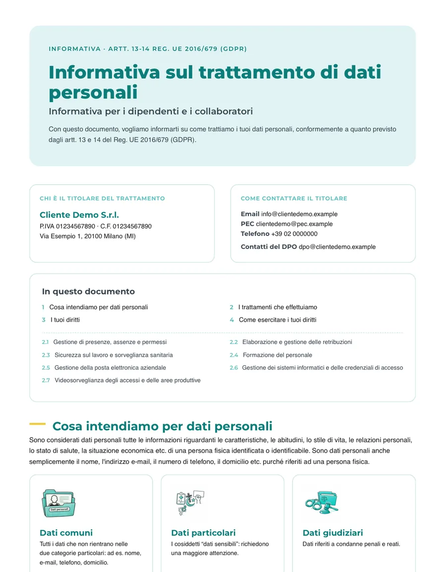 Un’informativa privacy generata dal software, impaginata